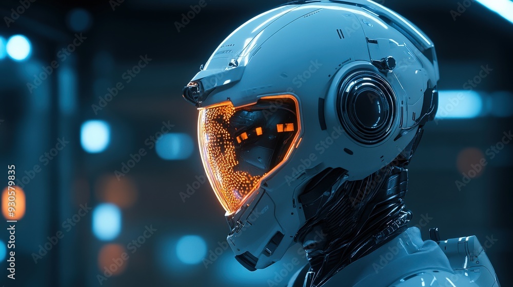 Fototapeta premium The futuristic helmet exhibits glowing elements and intricate details, reflecting advanced technology against a dark, illuminated backdrop
