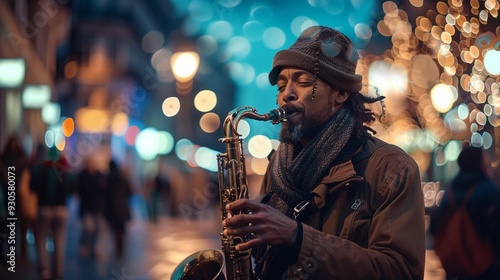 dark-haired man playing saxophone in defocused city with christmas lights