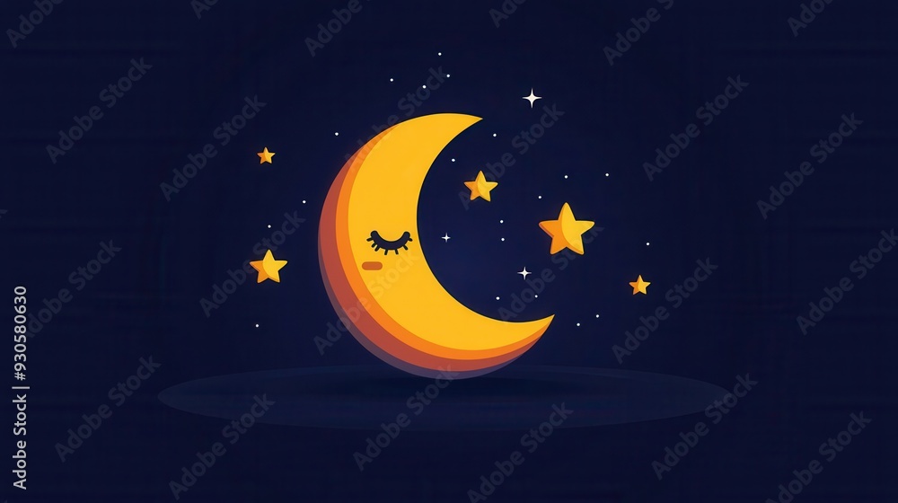 Fototapeta premium A whimsical crescent moon with a sleepy face surrounded by twinkling stars against a dark blue night sky.