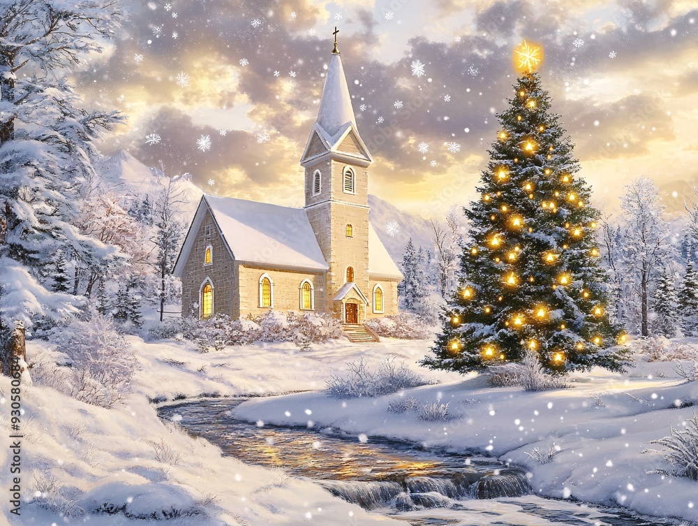 Enchanting Winter Church Scene with Christmas Tree and Snowfall Enchanting Winter Church Scene with Christmas Tree and Snowfall