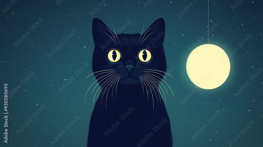 Fototapeta premium A whimsical illustration of a black cat gazing at a glowing moon, creating a mystical and enchanting atmosphere.
