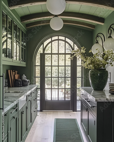 Editorial photograph of a bright traditional narrow food pantry. Backsplash made of Calacatta viola marble. Dark green shaker cabinets with arched glass doors and black handles