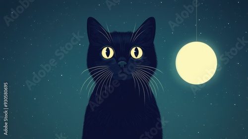 A whimsical illustration of a black cat gazing at a glowing moon, creating a mystical and enchanting atmosphere.