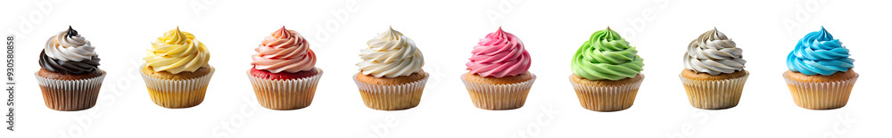 Colorful cupcakes with various frosting styles, transparent PNG file Colorful cupcakes with various frosting styles, transparent PNG file