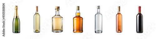 Assortment of different alcohol bottles, spirits and wines, transparent PNG file