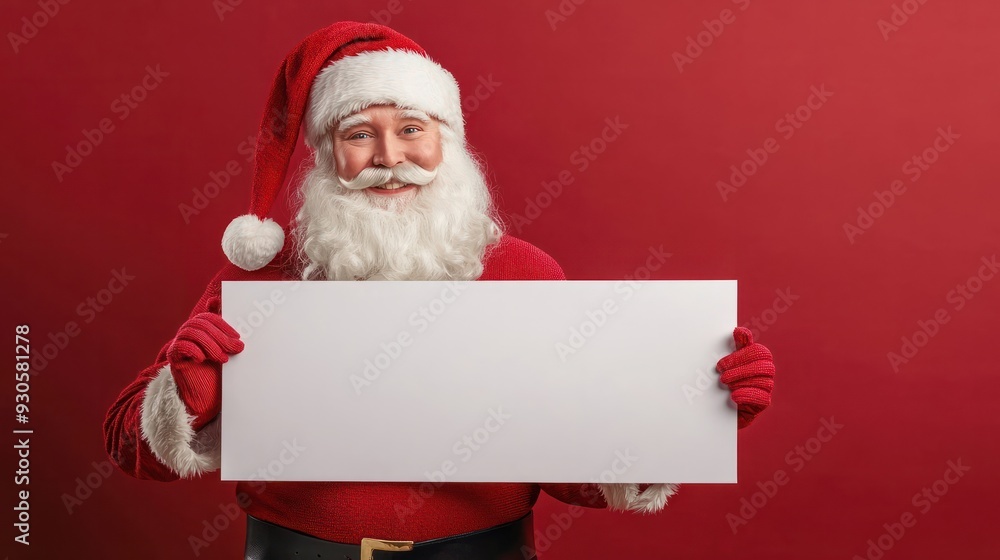 Santa holding banner with blank space on red background Santa holding banner with blank space on red background