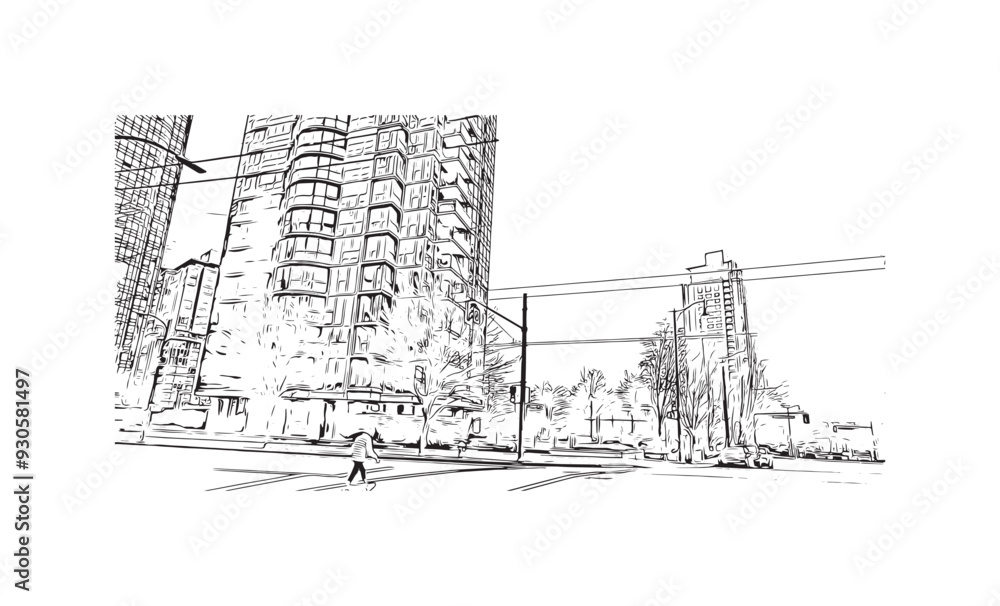 Obraz premium Print Building view with landmark of Stanley is the capital in Falkland. Hand drawn sketch illustration in vector.