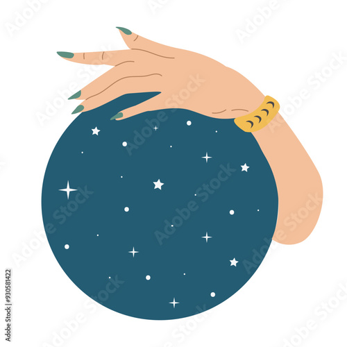 A magical crystal ball with a crescent moon and stars in its hands. Vector illustration in boho style