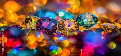 Close up of colorful gemstones with blurred lights in the background. Perfect for jewelry, luxury, and festive designs. photo