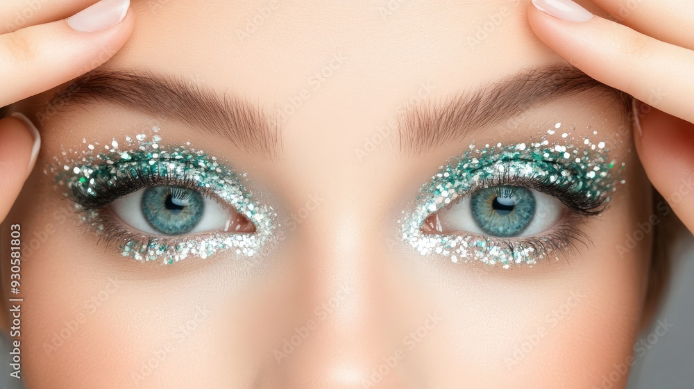 Fototapeta premium A woman showcases her stunning face adorned with colorful glitter and geometric patterns, radiating beauty and creativity against a backdrop of shimmering lights