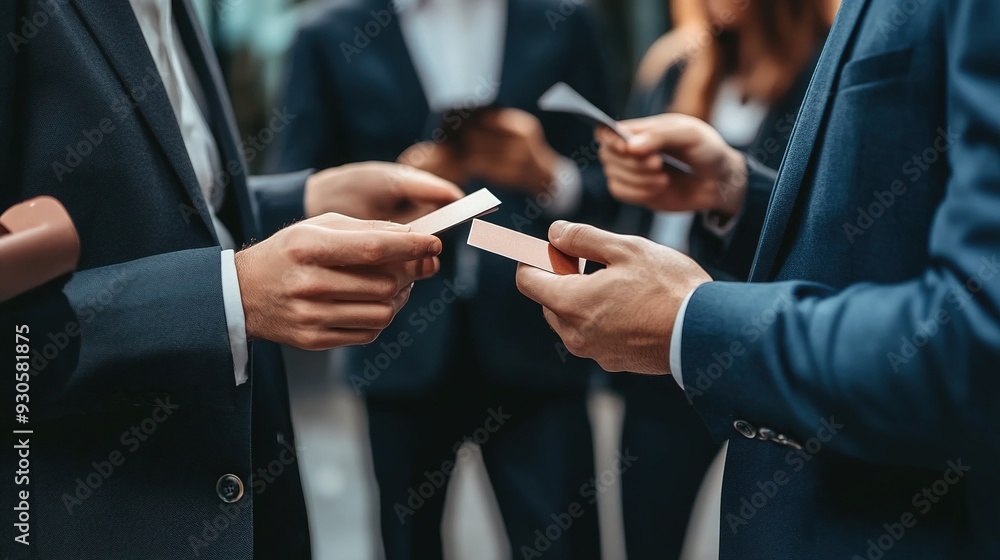 A group of business professionals networking, exchanging business cards, and engaging in discussions at a conference A group of business professionals networking, exchanging business cards, and engaging in discussions at a conference