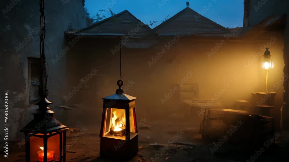 Warm lanterns illuminate a dark, abandoned room in the early evening hours Warm lanterns illuminate a dark, abandoned room in the early evening hours