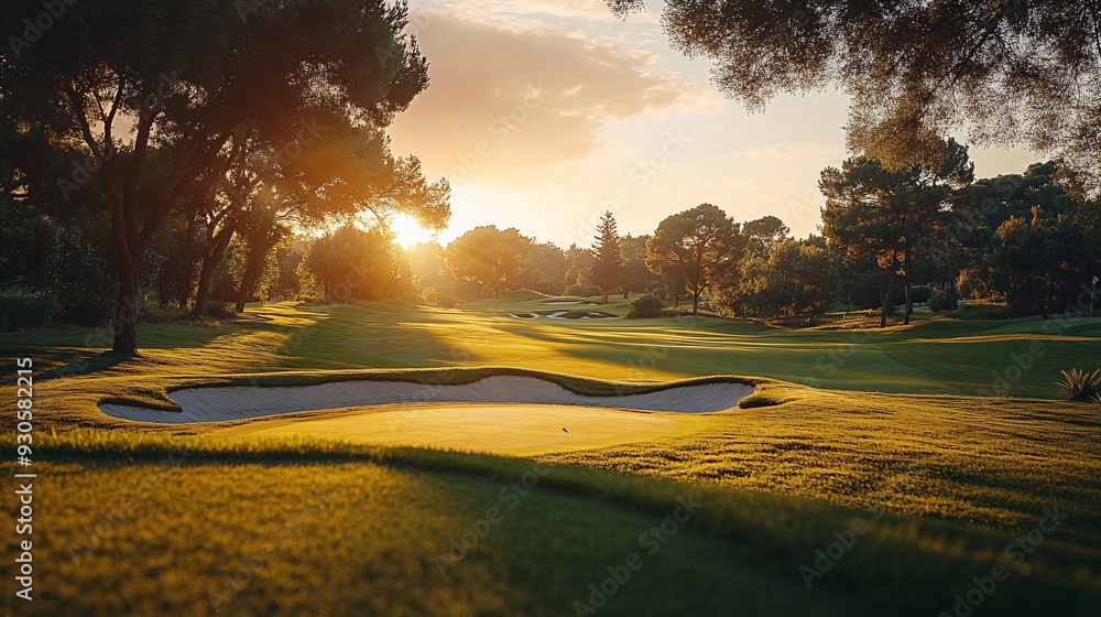 Scenic Golf Course at Sunrise with a Well-Manicured Green and Sand Bunker. Peaceful Early Morning Landscape Capturing the Beauty of the Sport Scenic Golf Course at Sunrise with a Well-Manicured Green and Sand Bunker. Peaceful Early Morning Landscape Capturing the Beauty of the Sport