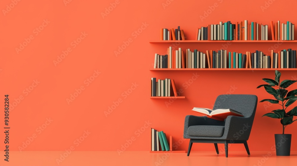 Modern reading nook with an orange wall, stylish chair, open book, and neatly organized bookshelf creating a cozy atmosphere. Modern reading nook with an orange wall, stylish chair, open book, and neatly organized bookshelf creating a cozy atmosphere.