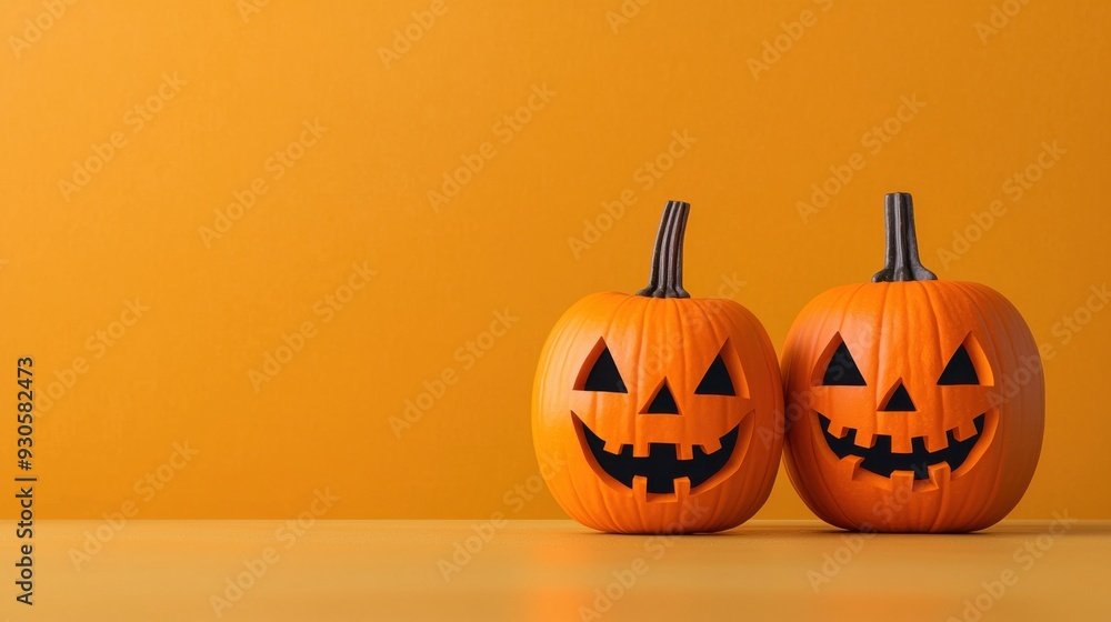 Two cheerful pumpkins with carved faces against a vibrant orange background, perfect for Halloween-themed decoration or celebration. Two cheerful pumpkins with carved faces against a vibrant orange background, perfect for Halloween-themed decoration or celebration.