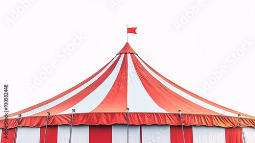 Red and White Circus Tent Top with Flag Against a Clear Sky. Classic and Iconic Symbol of Entertainment, Adventure, and Festivity