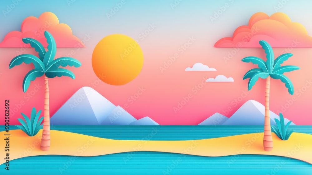 Vibrant tropical landscape featuring palm trees, a bright sun, and colorful mountains by a serene sea at sunset. Vibrant tropical landscape featuring palm trees, a bright sun, and colorful mountains by a serene sea at sunset.