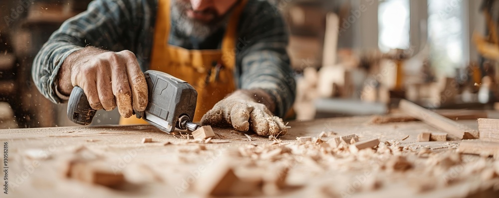 Carpenter using a power tool to cut wood in a warm, rustic workshop, detailed textures of sawdust and wood grain, ultra-realistic craftsmanship scene Carpenter using a power tool to cut wood in a warm, rustic workshop, detailed textures of sawdust and wood grain, ultra-realistic craftsmanship scene