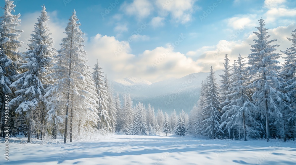 Fototapeta premium A serene snow-covered evergreen forest stands in a quiet clearing under a sunny winter sky.