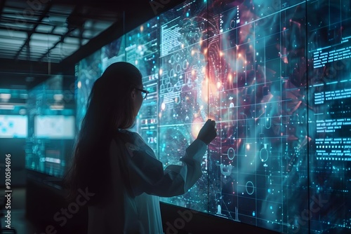 Futuristic quantum computing research lab with holographic data analysis