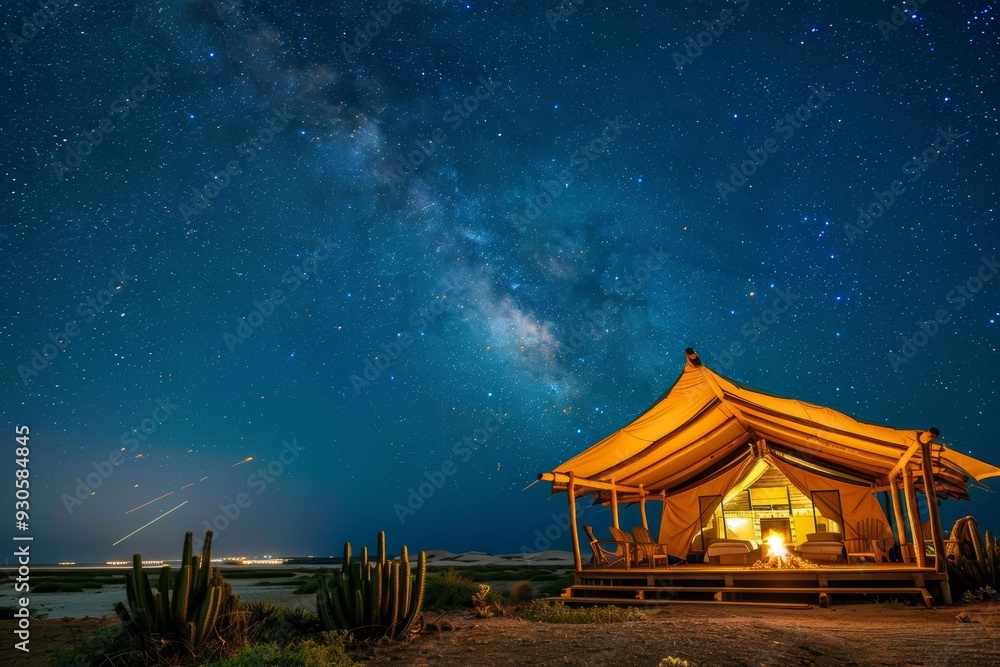 Starry Night Sky with Milky Way and Shooting Stars in Desert. Starry Night Sky with Milky Way and Shooting Stars in Desert.