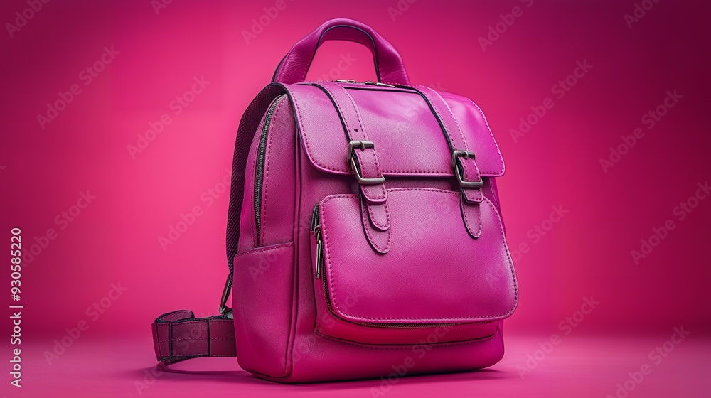 Fototapeta premium A stylish pink backpack with dual buckles and pockets, ideal for everyday use.