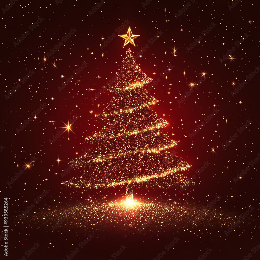 Christmas Tree formed from gold Stars - red sparkling christmas background illustration Christmas Tree formed from gold Stars - red sparkling christmas background illustration