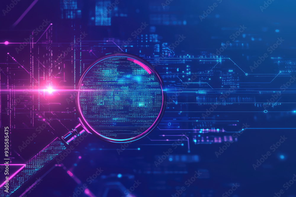 Fototapeta premium Exploring the Digital Realm: A Magnifying Glass Analyzes Vibrant Data in a High-Tech Cybernetic Landscape Filled with Colorful Lights