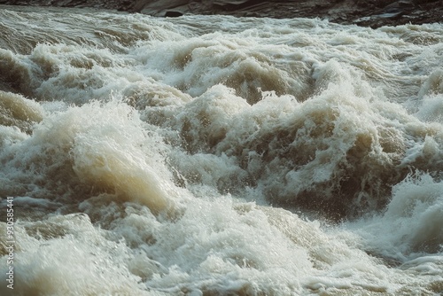 A powerful river current with turbulent waves and creamy foam, showcasing the raw beauty of nature's water flow.
