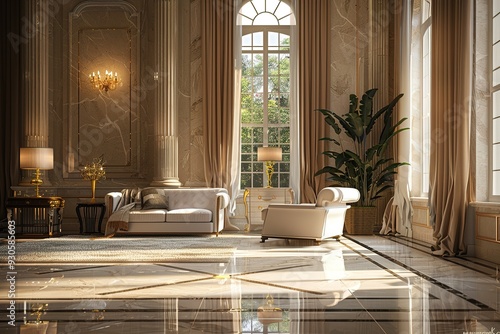 3d render of luxury home interior, living room.