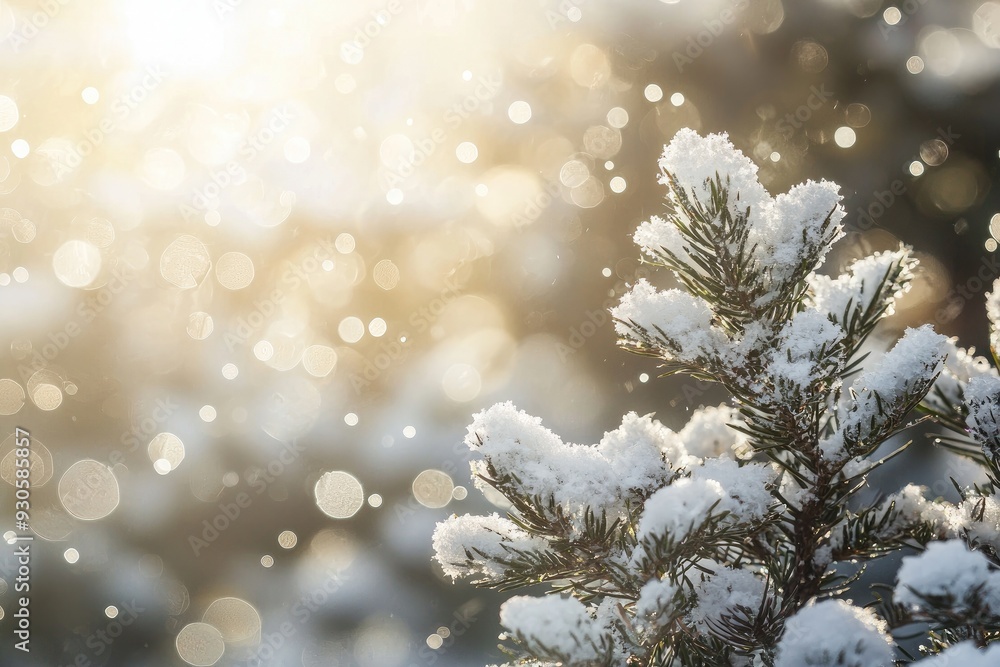 Beautiful snow-covered pine branch illuminated by soft sunlight and sparkling bokeh, evoking a serene winter atmosphere. Beautiful snow-covered pine branch illuminated by soft sunlight and sparkling bokeh, evoking a serene winter atmosphere.