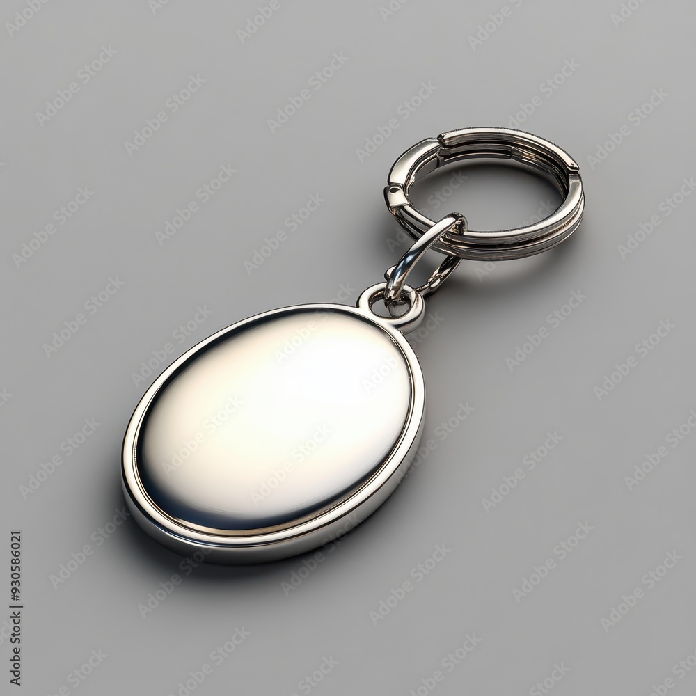 3D Render of Simple Oval Silver Keychain on Gray Background - Front View, Minimalist Design 3D Render of Simple Oval Silver Keychain on Gray Background - Front View, Minimalist Design