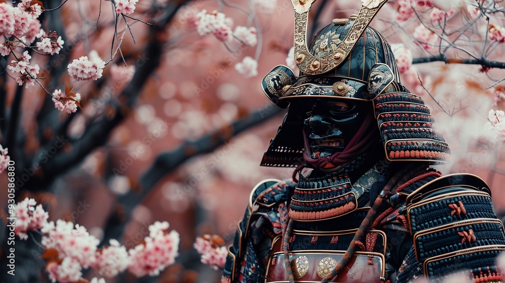 Samurai Warrior in Full Armor with Cherry Blossoms in Background Samurai Warrior in Full Armor with Cherry Blossoms in Background