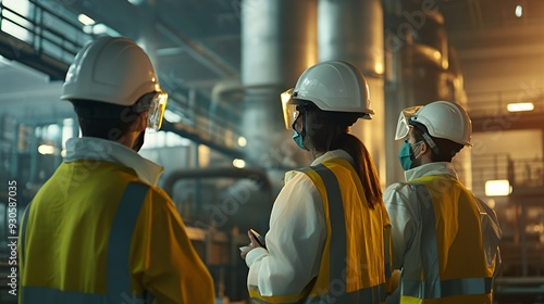 Workers in safety gear observing industrial machinery in a factory setting.