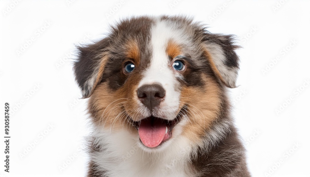Fototapeta premium 笑顔のオーストラリアン・シェパードの子犬のポートレート(Portrait of a smiling Australian Shepherd puppy on white background)