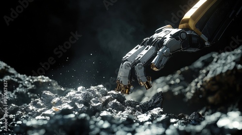 A robotic arm deftly extracts debris from rocky terrain, highlighting advanced technology and precision in a dimly lit environment photo