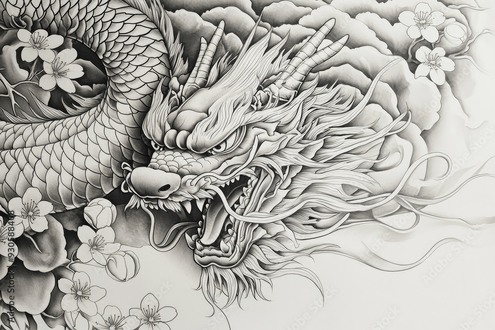 Naklejka premium A captivating Japanese dragon tattoo design intricately illustrating fierce beauty, surrounded by delicate cherry blossoms on a dynamic background.