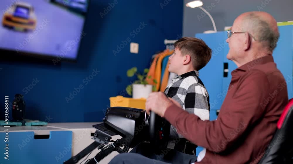 modern entertainment, old man together with boy playing modern video games on tv with console in cozy room modern entertainment, old man together with boy playing modern video games on tv with console in cozy room