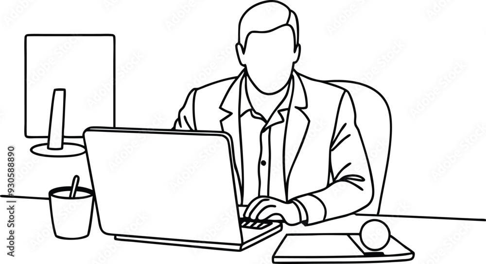 A man working in office line art illustration A man working in office line art illustration