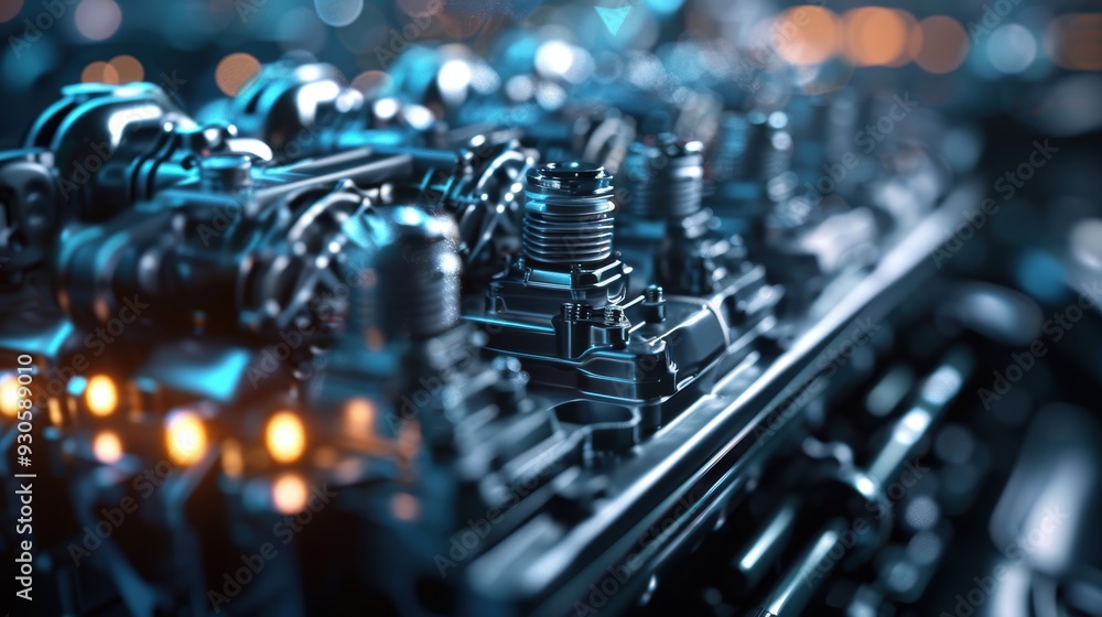 Close-up of a futuristic engine component showcasing intricate details and advanced technology in a modern setting. Close-up of a futuristic engine component showcasing intricate details and advanced technology in a modern setting.