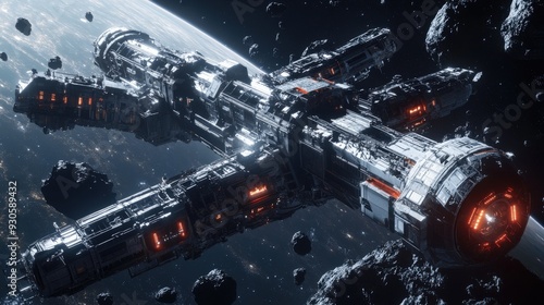 Fototapeta Naklejka Na Ścianę i Meble -  A massive space station orbits an asteroid belt, illuminated by distant starlight while surrounded by floating debris