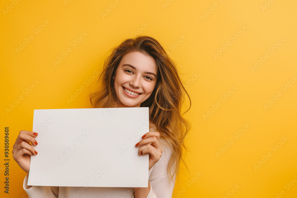 beautiful young woman on a yellow background holding a white board with a place for an inscription. picture for advertising, woman encourages, advertises, generative AI beautiful young woman on a yellow background holding a white board with a place for an inscription. picture for advertising, woman encourages, advertises, generative AI