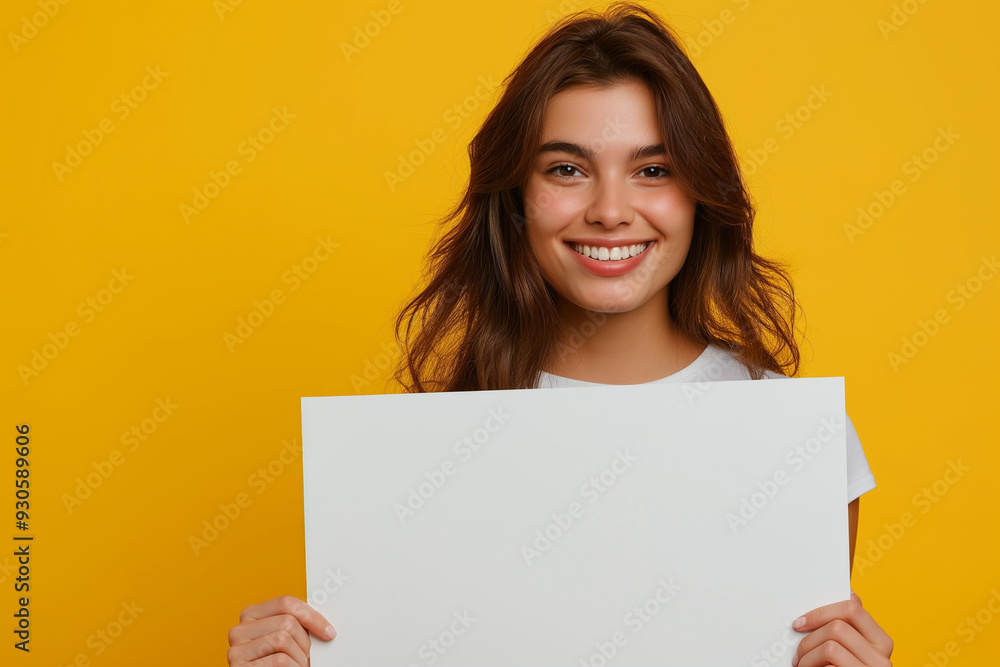 beautiful young woman on a yellow background holding a white board with a place for an inscription. picture for advertising, woman encourages, advertises, generative AI beautiful young woman on a yellow background holding a white board with a place for an inscription. picture for advertising, woman encourages, advertises, generative AI