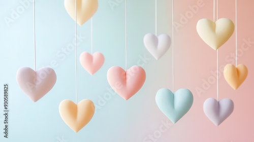 Colorful hanging hearts on a soft gradient background, evoking love and warmth.