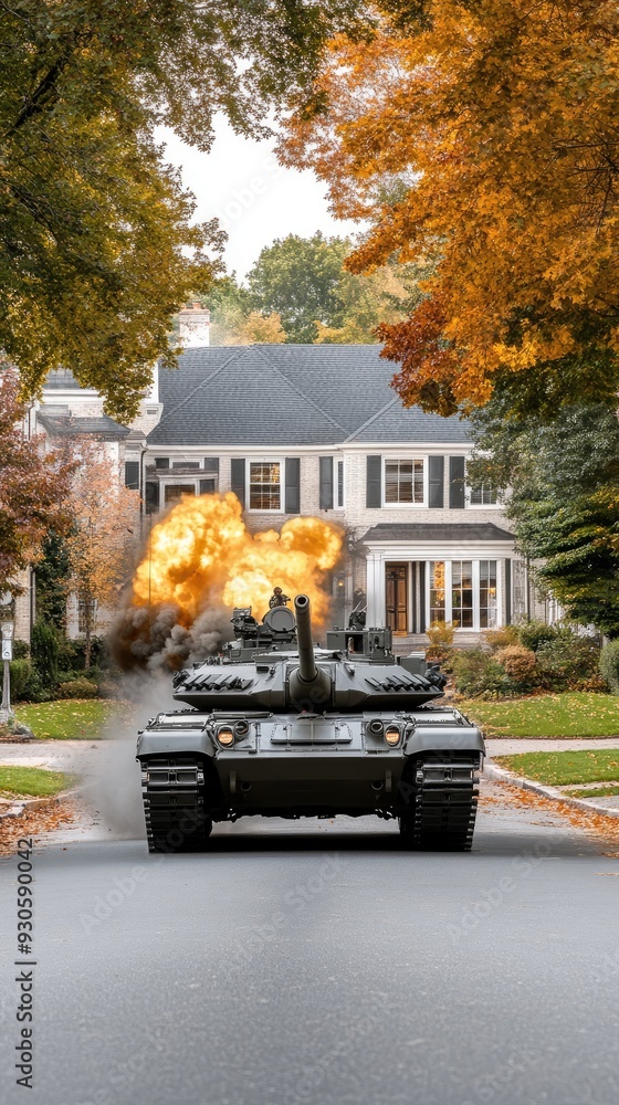 Obraz premium A tank maneuvers through a ruined city, its gun raised as explosions erupt nearby, showcasing the chaos of urban warfare