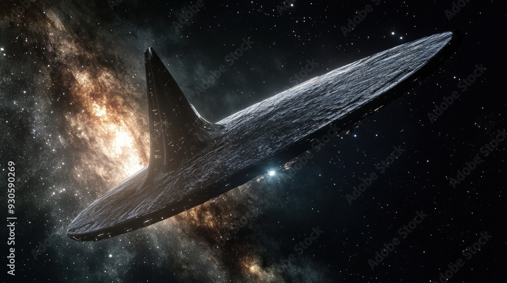 A spacecraft hovers silently against a backdrop of vibrant galaxies, showcasing its advanced technology and unique design in the vastness of space A spacecraft hovers silently against a backdrop of vibrant galaxies, showcasing its advanced technology and unique design in the vastness of space