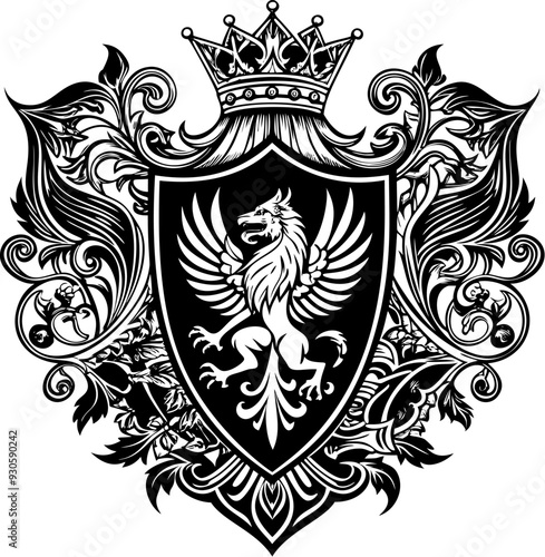 Heraldic shield with royal floral ornament. Vintage crest sign or coat of arms
