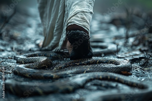 A man in a white robe and sandals, representing Jesus Christ, steps on a snake, crushing its head and body. This scene symbolizes God's promises from the Book of Genesis in the Bible.