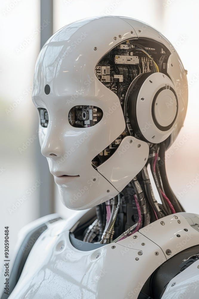 Fototapeta premium Close-up of an advanced humanoid robot head with intricate circuitry and a sleek design, symbolizing future technology.