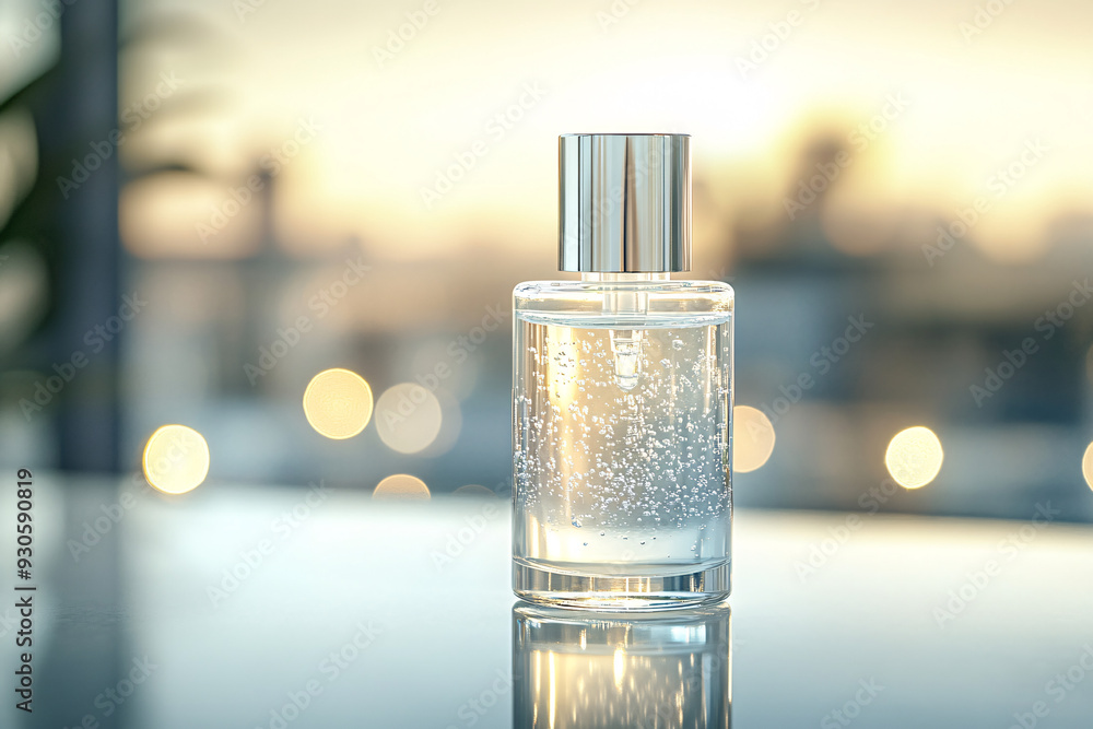 A bottle of perfume is sitting on a table A bottle of perfume is sitting on a table